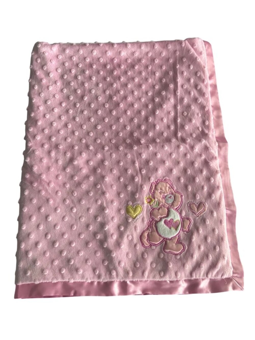 Care Bears Baby Pink Minky Blanket Satin Trim & Embroidered Cheer Bear